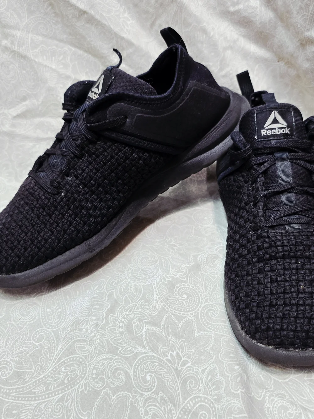 Reebok Plus Runner Woven Women's Triple Black Knit Running Shoes Size 10